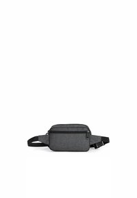 Borsa in tessuto grigio a vita con forma rettangolare, dotata di tasca anteriore con zipper, cintura regolabile e texture liscia.