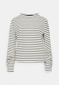 Długi rękaw, kremowa bluzka w poziome granatowe paski, z prążkowaną fakturą i wysokim kołnierzem. Zawiera marszczenia na rękawach.