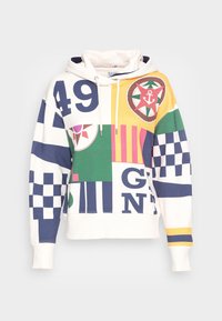 Bluza z kapturem z kolorowymi wzorami patchworkowymi, w tym cyframi, kompasem, symbolem kotwicy, paskami i wzorem w kratkę.