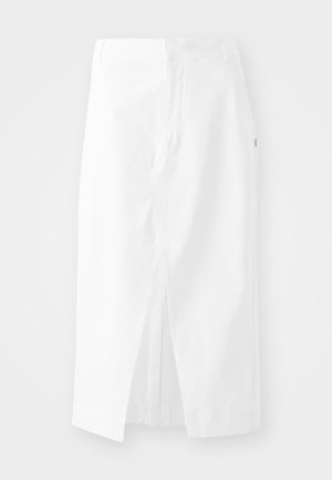 Saia midi de algodão branca com corte reto, fenda lateral e fecho zíper oculto. Textura suave, design minimalista e sem embellishments visíveis.