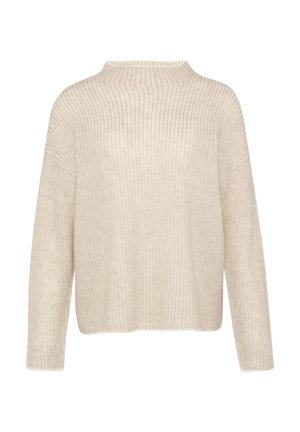 Beżowy sweter dzianinowy o luźnym kroju, ribbowanej strukturze, wysokim dekolcie i długich rękawach. Miękki materiał o gładkim wykończeniu.