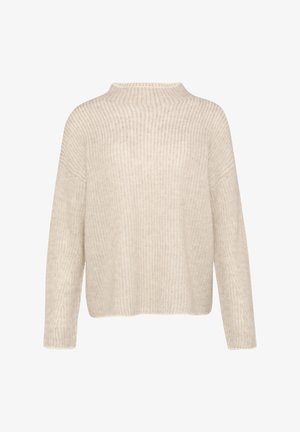 Beige kudumisega sviiter, millel on kastiline lõige, soonikstruktuur, kõrge kaelus ja pikad varrukad. Pehme materjal sujuva pinnaga.