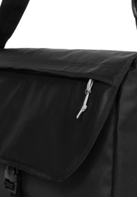 Black messenger bag with a textured finish, featuring a flap closure, a gray drawstring, and adjustable strap hardware.