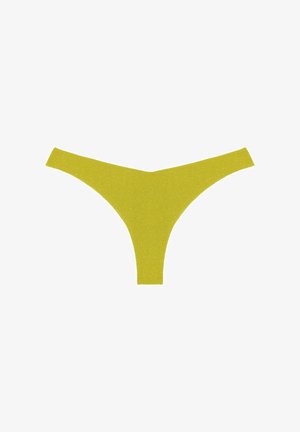 Gul glitrende trusse med en glat tekstur, tynde stropper og et minimalistisk design, egnet til brug som undertøj.