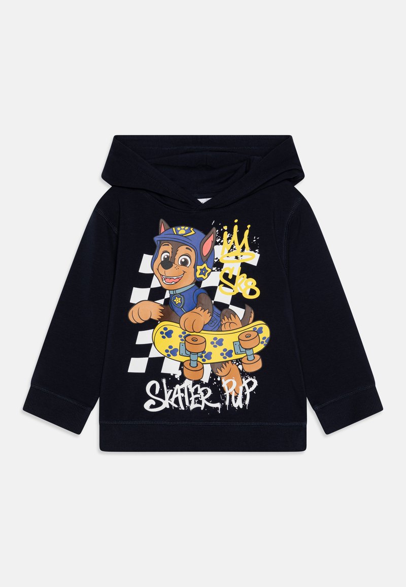 Felpa blu navy con un colorato cane dei cartoni animati su uno skateboard, con una corona e la scritta "Skater Pup", realizzata in un tessuto morbido e confortevole.