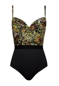 Jednoczęściowy kostium kąpielowy z wielokolorowym nadrukiem zwierzęcym na górze i jednolitym czarnym dołem. Zawiera regulowane ramiączka i usztywniony biust.