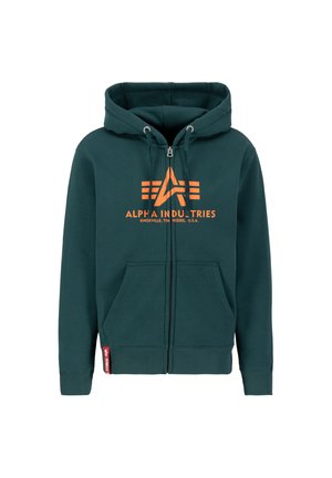 Mørkegrøn zip-up hoodie lavet af en bomuldsblanding, med et orange logo og to frontlommer. Inkluderer ribbede manchetter og kant.