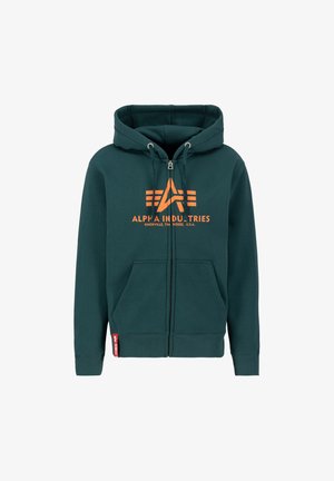 Tmavě zelená zipová mikina vyrobená z bavlněné směsi, s oranžovým logem a dvěma předními kapsami. Obsahuje žebrované manžety a lem.