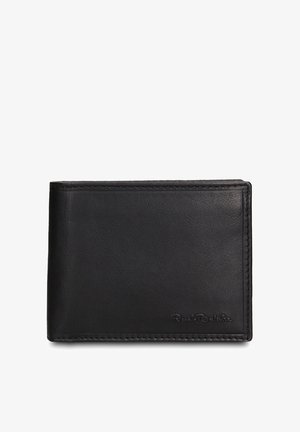 Zwarte leren portemonnee met een gladde textuur, bi-fold ontwerp, subtiele stiksels en een geperst merklogo in de rechterbenedenhoek.