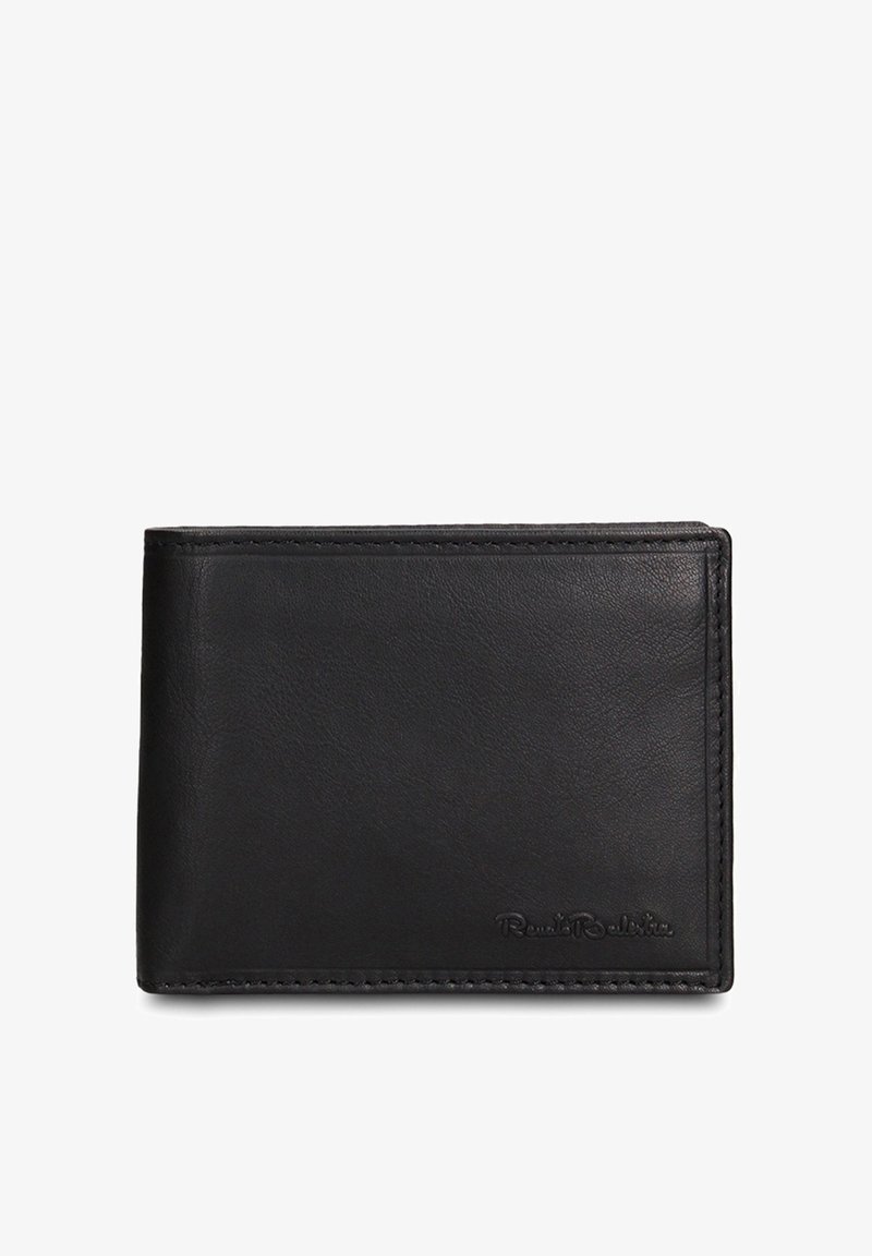Portafoglio in pelle nera con una texture liscia, design a doppia piega, cuciture sottili e logo del marchio impresso nell'angolo in basso a destra.