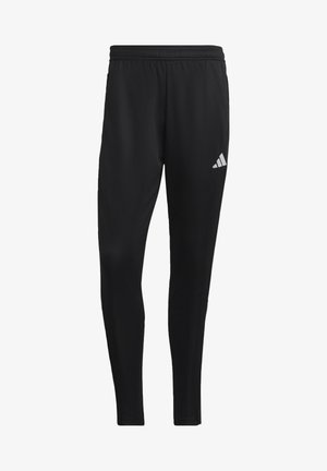 Pantalones deportivos negros con corte ajustado, cinturilla elástica y bolsillo lateral. Presenta un sutil logo de Adidas en gris en el muslo izquierdo.