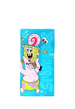 Blue towel featuring SpongeBob SquarePants riding on Patrick Star’s shoulders, with Gary the snail on SpongeBob’s head.