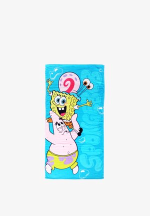 Blue towel featuring SpongeBob SquarePants riding on Patrick Star’s shoulders, with Gary the snail on SpongeBob’s head.