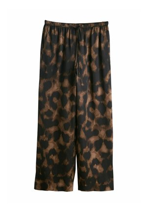 Leopard print wide-leg pants in black and brown, with an elastic waistband and drawstring. Material appears lightweight and smooth.