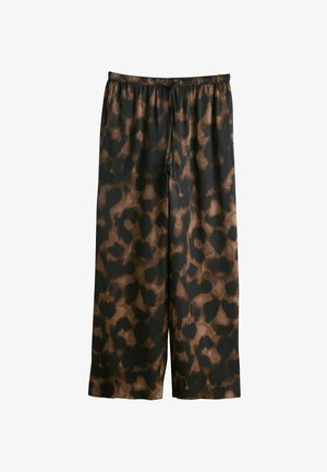 Leopard print wide-leg pants in black and brown, with an elastic waistband and drawstring. Material appears lightweight and smooth.