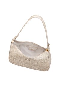 Handtasche mit Krokodilprägung in hellem Beige, mit einem einzelnen Schulterriemen, Reißverschluss und einem glatten Innenfutter.