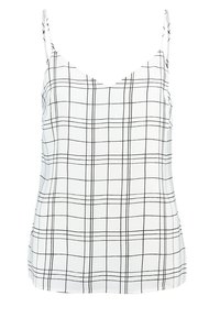 Bílý top na ramínka s černou mřížkovanou aplikací, vyrobený z hladkého materiálu, s tenkými nastavitelnými ramínky a výstřihem do V.