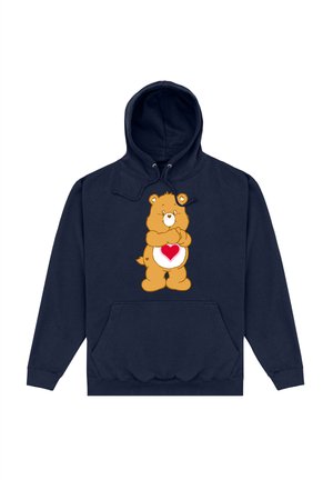Felpa navy con cappuccio che presenta un grafiche di un orso cartone animato con un cuore sulla pancia, cordini, tasca frontale e polsini e orlo a coste.