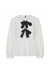 Chemisier blanc en coton, avec un col rond, des manches longues bouffantes et deux nœuds en ruban noir à l'avant. Bas en style peplum.