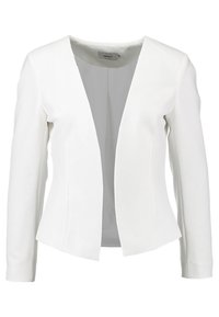 Bílý dámský blazer s dlouhými rukávy, otevřeným předním dílem, fitted pasem a jemnou strukturovanou texturou.
