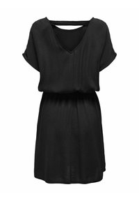 Robe noire à manches courtes et décolleté en V. Fabriquée en tissu léger, elle présente une taille froncée pour épouser la silhouette et un ajustement ample.