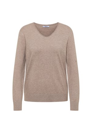 Beige langærmet sweater med V-hals og ribbede manchetter og bund, vist mod en hvid baggrund.