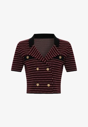 Chemise courte à double boutonnage en motif géométrique rouge et noir. Présente des manches courtes et un col noir avec des boutons en ton doré.