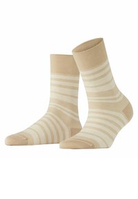 Beige Socken mit einem strukturierten Muster und weißen horizontalen Streifen. Knöchellanges Design mit verstärkten Fersen- und Zehenbereichen.