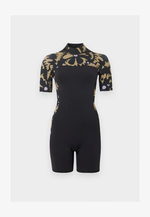 Costum de neopren negru cu mâneci scurte, cu model floral bej și mov deschis pe umeri, mâneci și gât, având un logo pe piept.