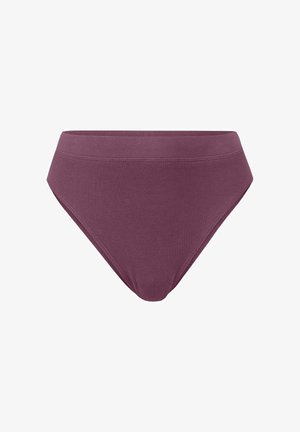 Geribbelde bikini onderbroek in diep mauve kleur met een hoge tailleband en een soepele textuur, ontworpen voor een comfortabele pasvorm en dekking.