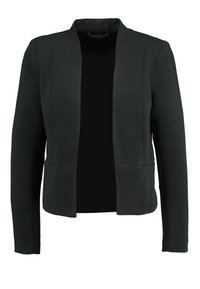 Veste noire texturée à manches longues, ouverture devant sans attaches. Présente des détails de coutures et une silhouette cintrée.