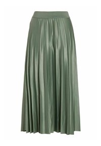 Gonna lunga plissettata in un morbido tessuto verde, con una ampia cintura elastica e una superficie liscia e lucida lungo tutta la lunghezza.