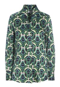Langärmliges Shirt in Grün, Marineblau und Weiß, das ein geometrisches Muster mit Kreisen und Linien aufweist, aus glattem Stoff mit einem Kragen.