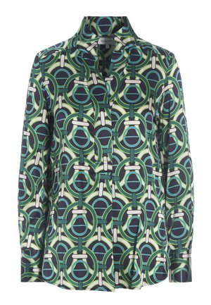 Langärmliges Shirt in Grün, Marineblau und Weiß, das ein geometrisches Muster mit Kreisen und Linien aufweist, aus glattem Stoff mit einem Kragen.