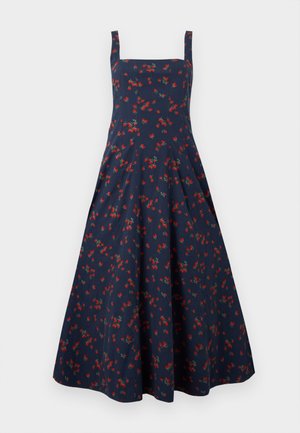 Navy blue sleeveless midi dress with square neckline and red floral pattern, fitted bodice, and flared skirt.