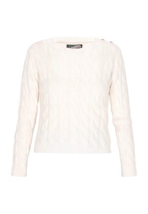 Cable-knit sweater in off-white, featuring a round neckline, long sleeves, and three decorative buttons on one shoulder. Textured fabric.