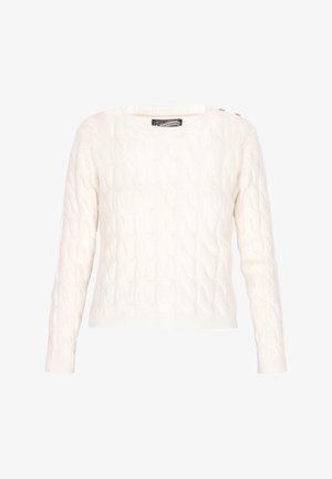 Pulover s pletenim uzorkom u boji slonovače, s okruglim izrezom, dugim rukavima i tri dekorativna gumba na jednom ramenu. Teksturirana tkanina.