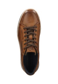 Braune Ledersneaker mit runder Zehenpartie, dunkelbraunen Schnürsenkeln, strukturiertem Obermaterial, gepolstertem Kragen und kontrastierendem schwarzen Innenfutter.