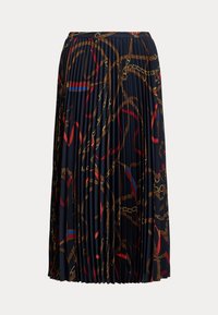 Fustă plisată dintr-un material ușor, cu un fundal albastru închis și un model de lanț auriu și roșu, având o talie pentru un aspect ajustat.