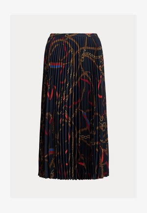 Purvinių raukšlių sijonas, pagamintas iš lengvos medžiagos, su tamsiai mėlyna fono spalva, dekoruotas auksinėmis ir raudonomis grandinėmis, ir su juosmens juosta, suteikiančia tvirtą prigludimą.