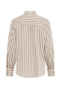 Camicia a maniche lunghe con strisce verticali beige e bianche, yoke sul retro, dettaglio di pieghe e polsini con bottoni. Texture liscia.