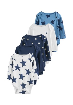 Satz aus fünf langärmeligen Baby-Bodyanzügen in verschiedenen Blau- und Weißtönen, mit Sternmustern und gerippter Struktur, mit Druckknöpfen zum Verschließen.