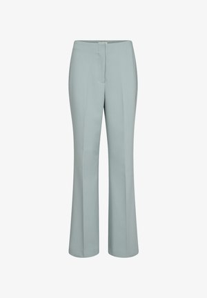 Pantalons ajustés bleu clair avec une jambe droite, un devant plat et une texture lisse, sans éléments en métal visibles ni motifs.