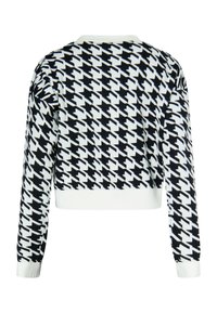 Pulover scurt cu model pied de poule alb-negru, cu tiv și manșete ribbate. Dispune de un decolteu rotund și textură tricotată.