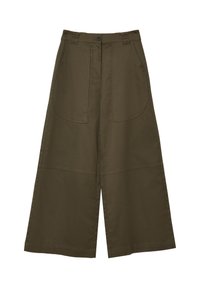 Pantaloni a gamba larga in cotone verde oliva con vita alta, due ampie tasche anteriori e pannelli cuciti per un design strutturato.