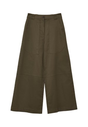 Pantalons larges en coton vert olive avec taille haute, deux grandes poches avant et un revêtement cousu pour un design structuré.