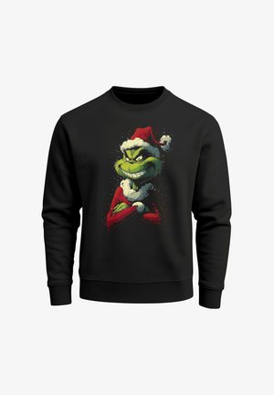 Black sweatshirt featuring a vibrant green Grinch graphic, wearing a red Santa hat and coat, with white fur accents and a mischievous grin.