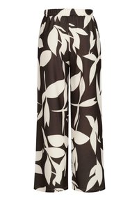 Pantalons larges noirs avec un motif de feuilles blanches, confectionnés en tissu léger avec une taille élastique pour le confort.