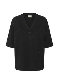 Top scurt negru cu mâneci scurte, de tip V, cu mici embellisheuri strălucitoare dispersate și o croială lejeră.