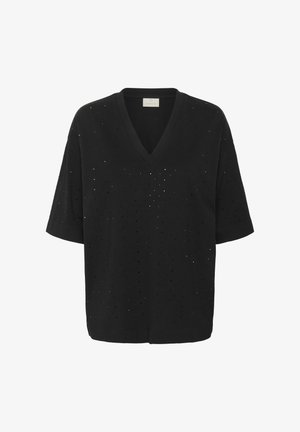 Zwarte T-shirt met korte mouwen en V-hals, versierd met verspreide kleine glanzende details en een ontspannen pasvorm.